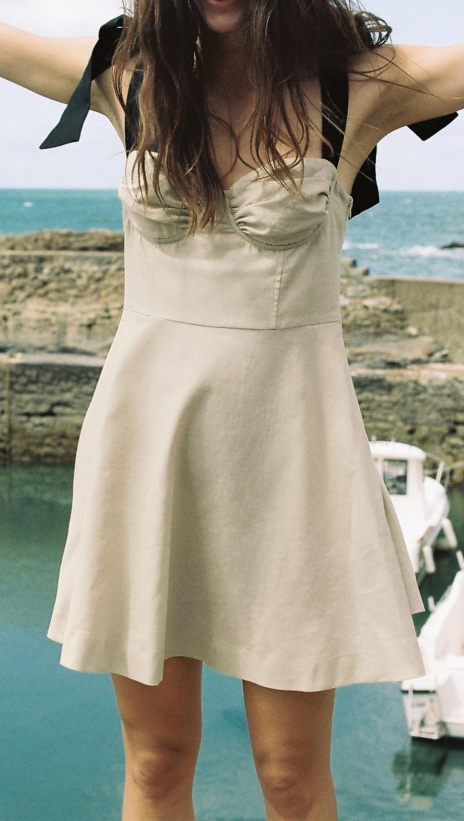 LINEN BLEND MINI DRESS WITH CONTRAST BOWS