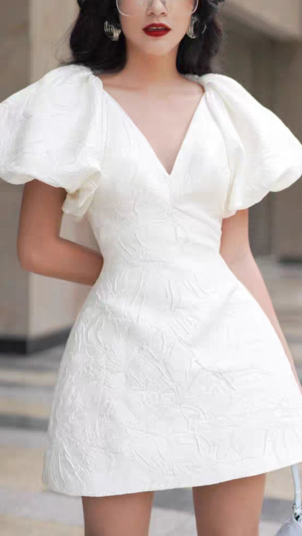 AIIZIE JACQUARD EMBOSSED V-NECK PUFF SLEEVES MINI DRESS - product image