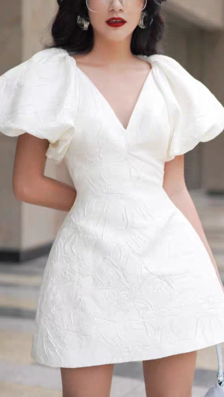 JACQUARD EMBOSSED V-NECK PUFF SLEEVES MINI DRESS