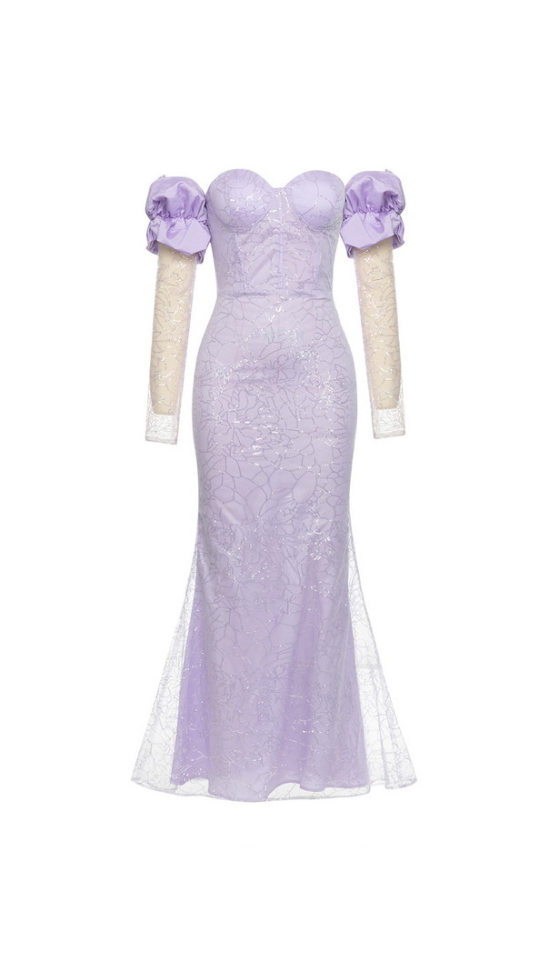 AIIZIE EMILY PURPLE MESH PATCHWORK SEQUIN STRAPLESS MAXI DRESS - product image