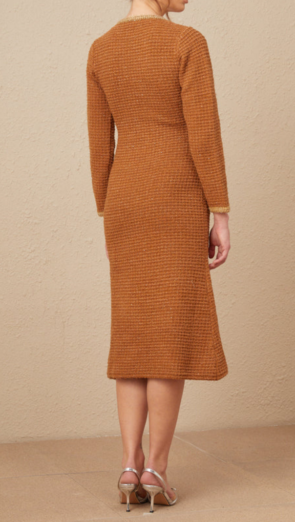 BRAIDED-EDGE TWEED MIDI DRESS IN BROWN