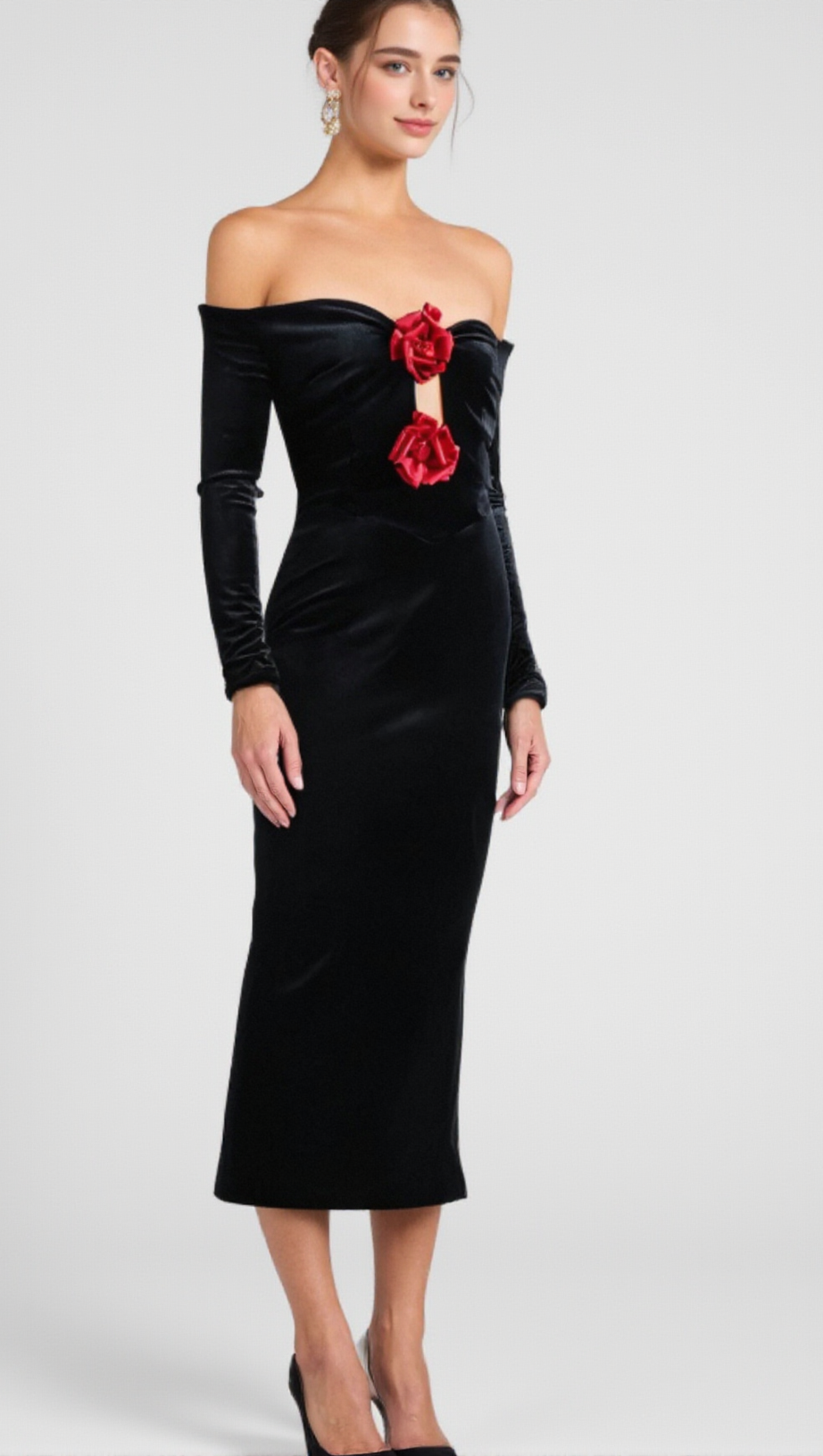 ZANNA OFF SHOULDERS FLOWERS VELVET MAXI DRESS IN BLACK