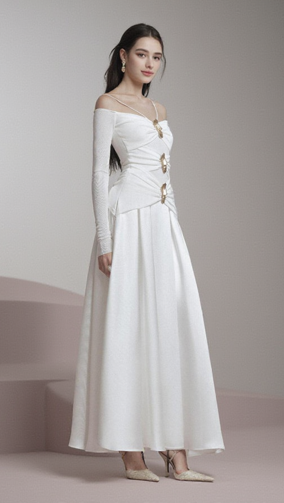 WHITE A-LINE COLD SHOULDER SLEEVED SPANDEX TAFFETA MAXI DRESS