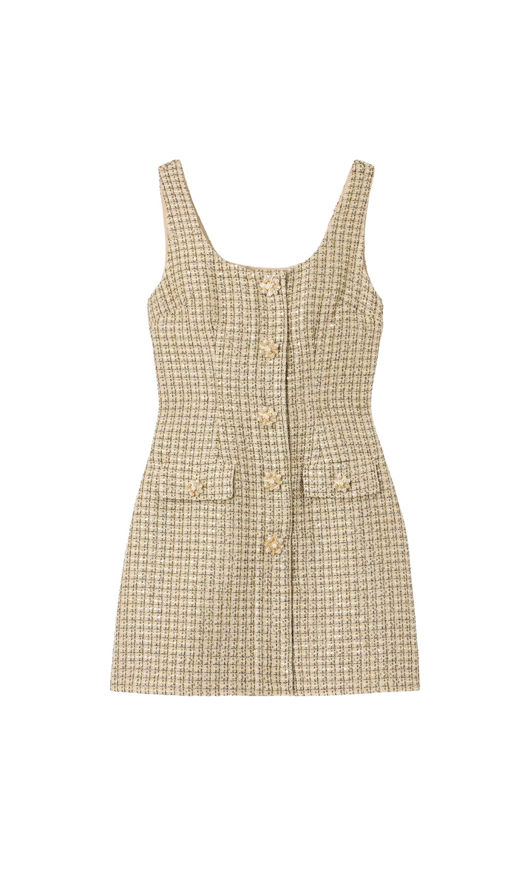 Paillettenverziertes, kariertes Minikleid aus metallischem Bouclé-Tweed in Gold
