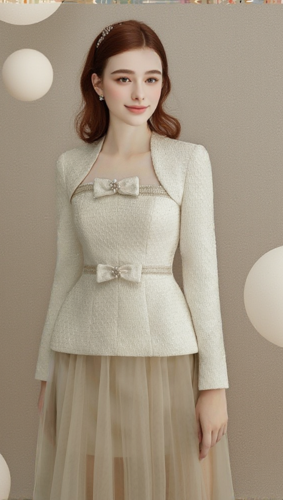 Tweedjacke und Tüllrock in Aprikose