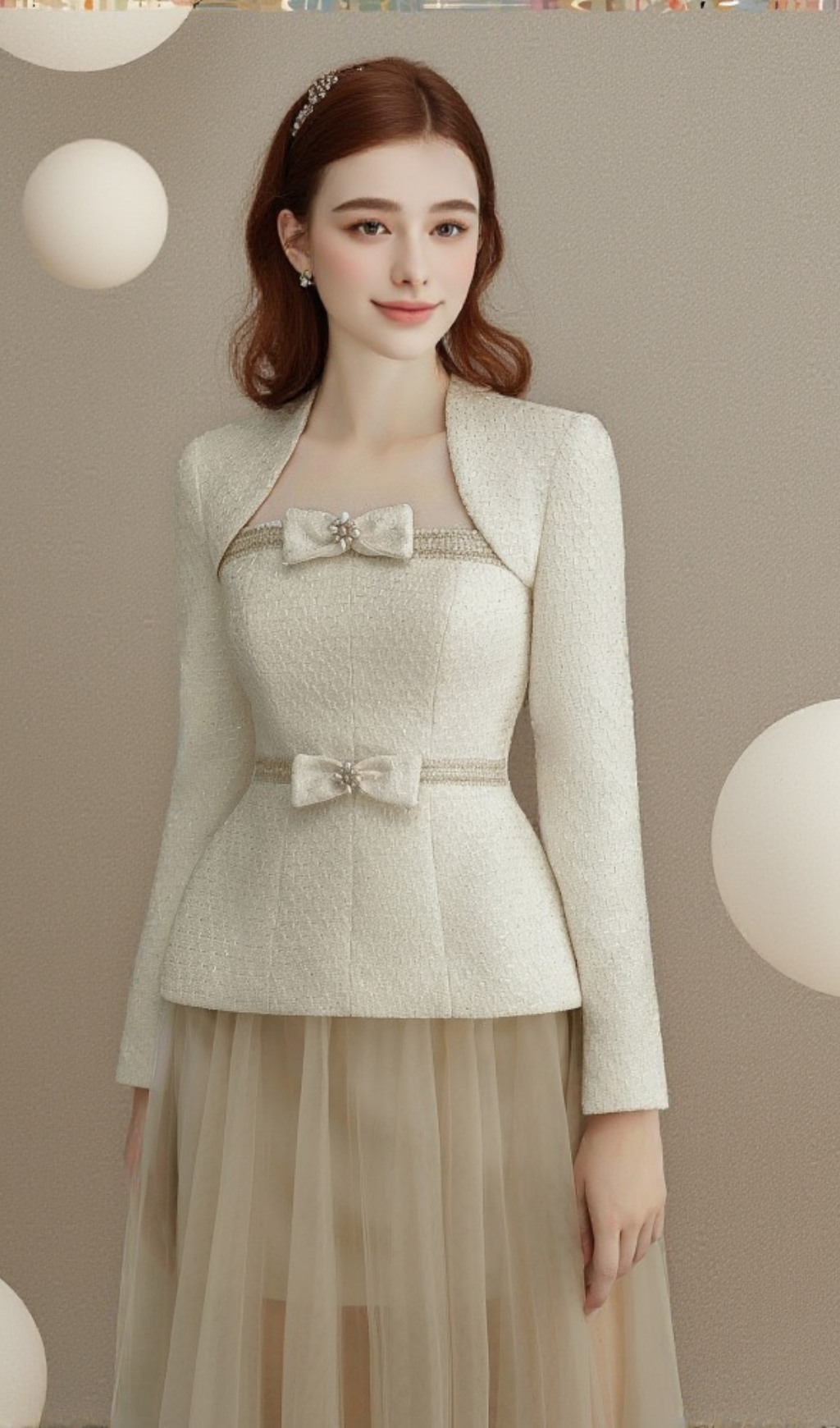 Tweedjacke und Tüllrock in Aprikose