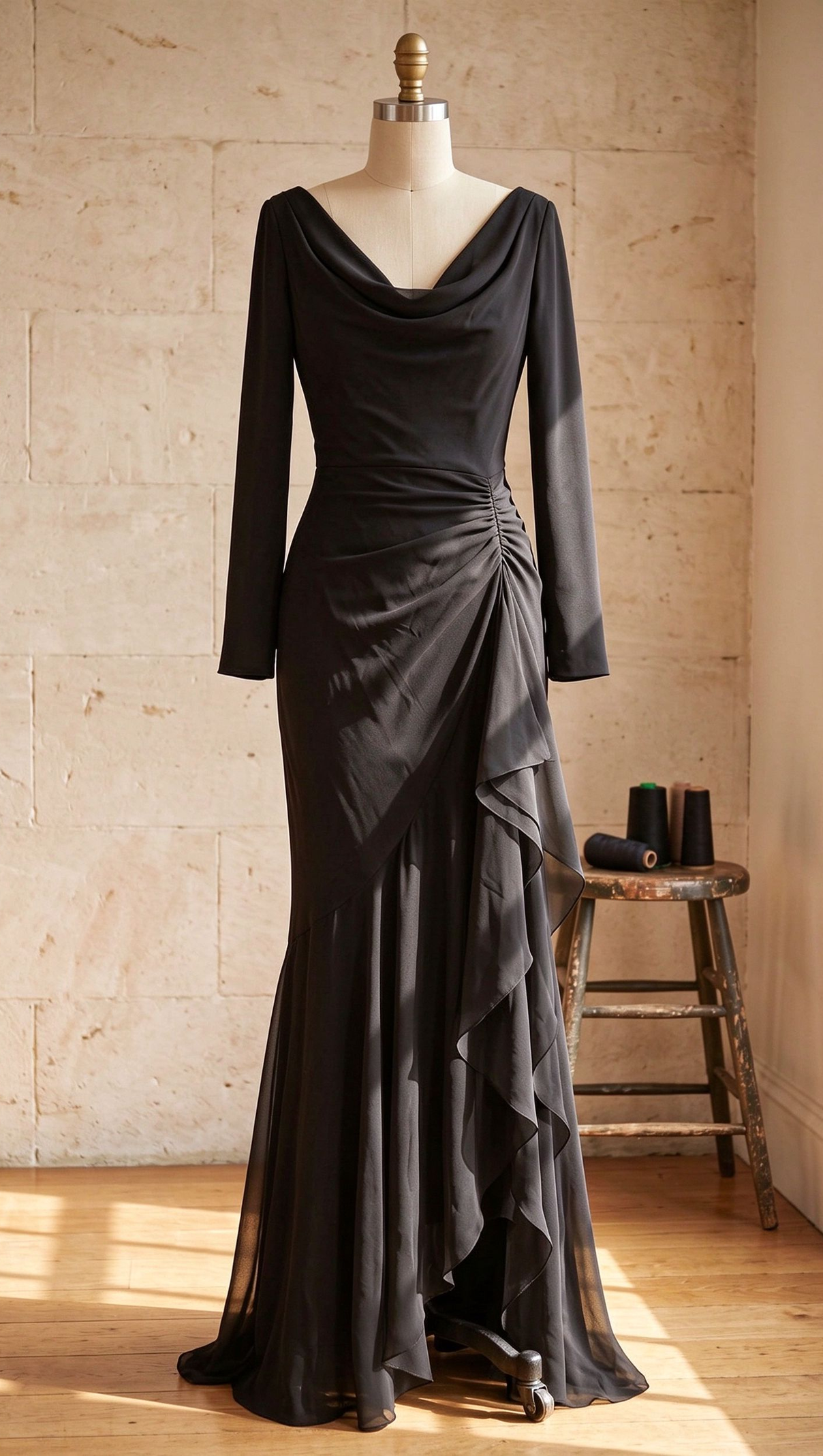 Black Mermaid Evening Gown with Sheer Ruffle Detail