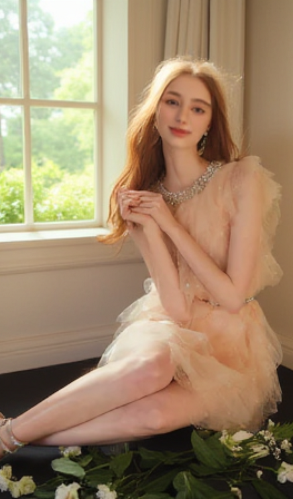 CRYSTAL EMBELLISHED RUFFLE MINI DRESS IN PALE PINK