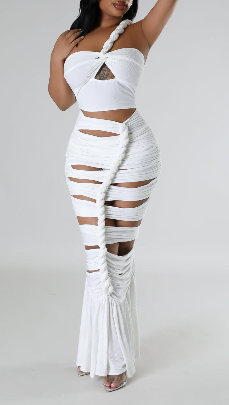 ONE SHOULDER HOLLOW MIDI DRESS IN WHITE