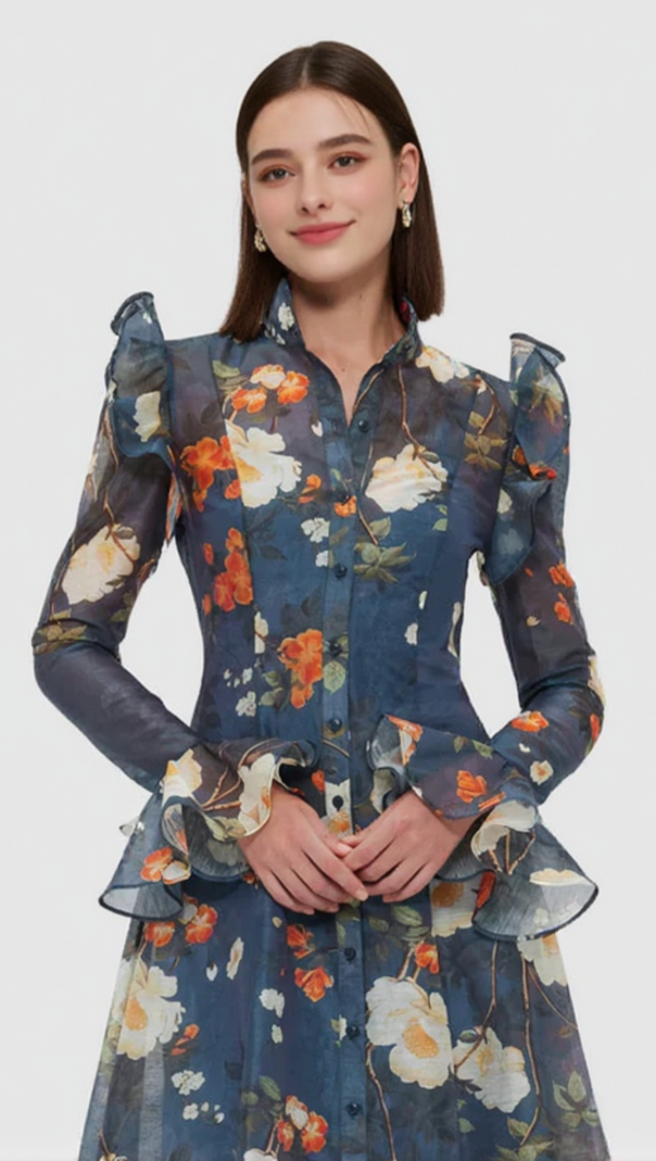 AIIZIE PEAR BLOSSOM PRINT BUTTERFLY SLEEVE MIDI DRESS - product image
