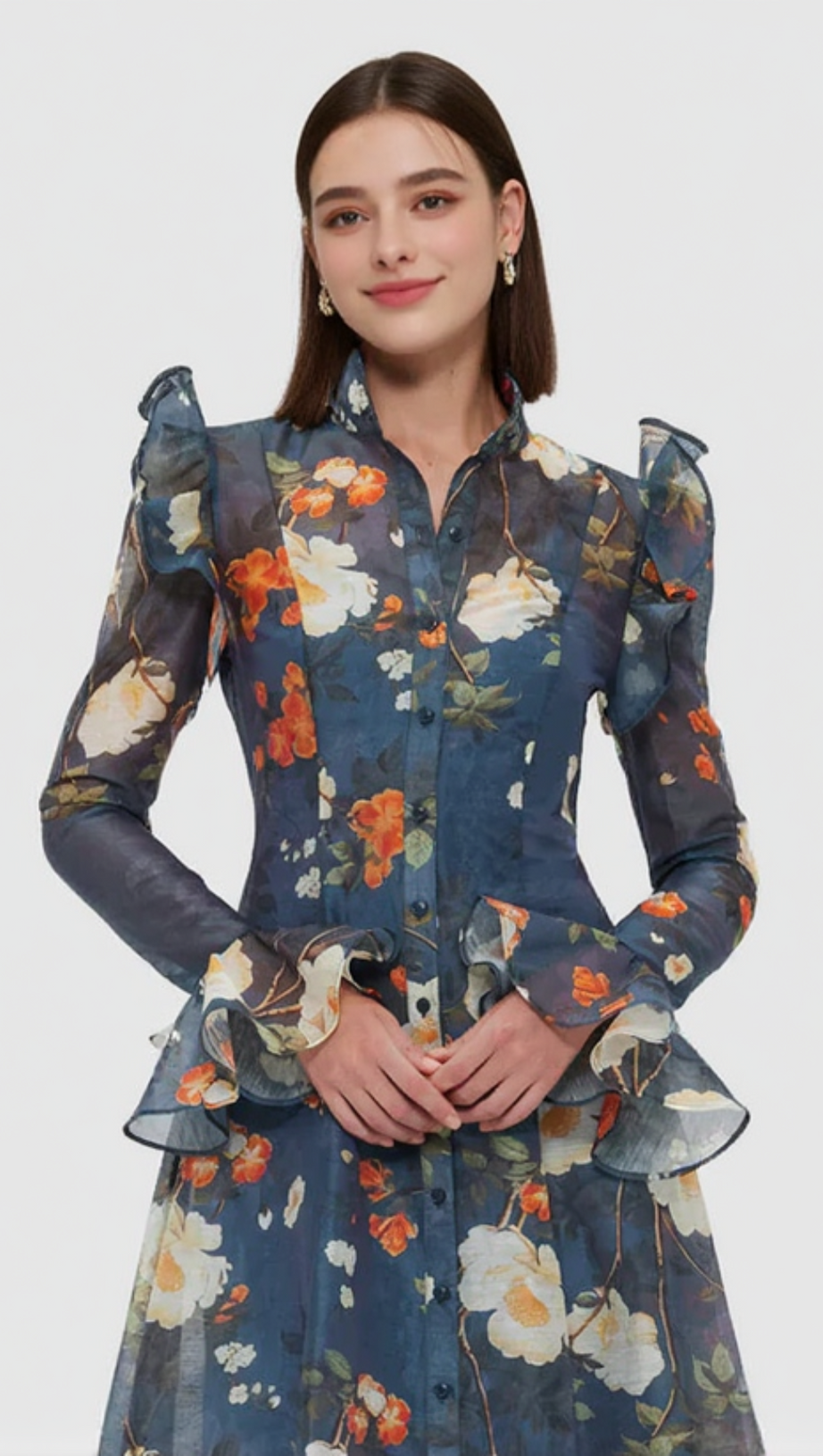 PEAR BLOSSOM PRINT BUTTERFLY SLEEVE MIDI DRESS