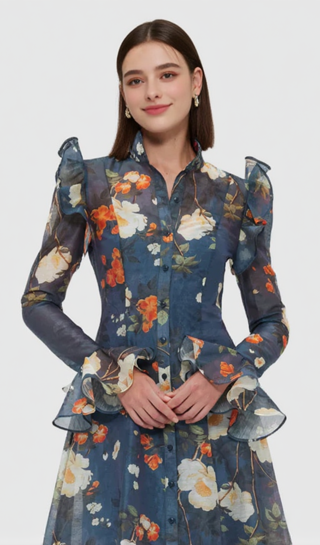 PEAR BLOSSOM PRINT BUTTERFLY SLEEVE MIDI DRESS