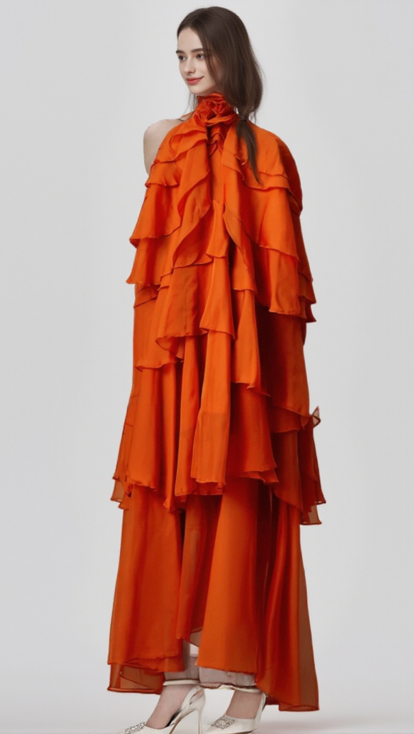 AIIZIE CARRIE ORANGE HALTERNECK FLOUNCED MAXI DRESS - product image