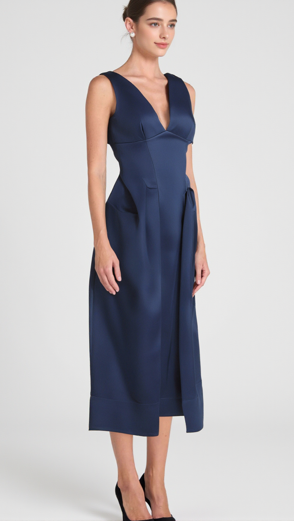 AIIZIE CHANTALE BLUE TWIST-DETAIL SATIN MIDI DRESS - product image
