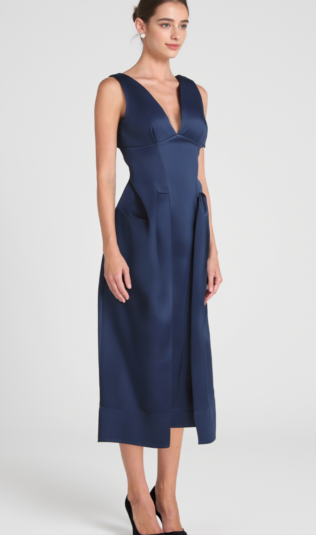 CHANTALE BLUE TWIST-DETAIL SATIN MIDI DRESS