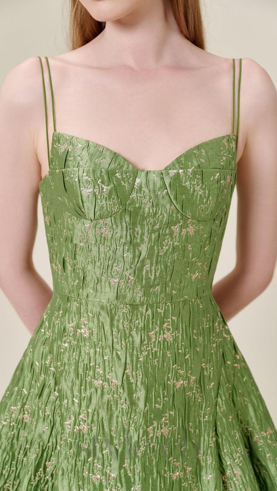 VINTAGE GREEN SUSPENDER JACQUARD MIDI DRESS