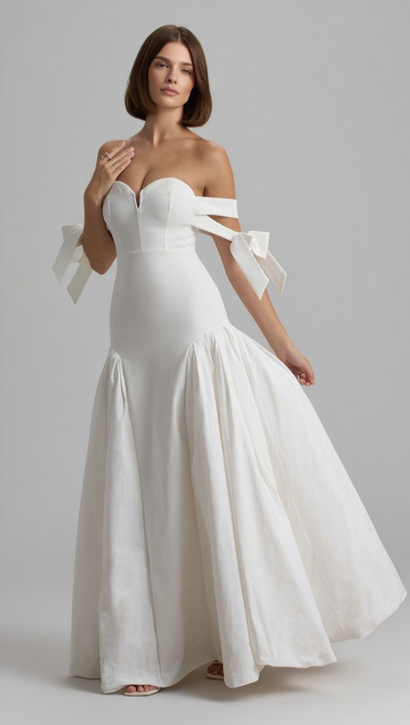 ETHEL | WHITE & CREAM BARDOT MAXI DRESS WITH VOLUME SKIRT