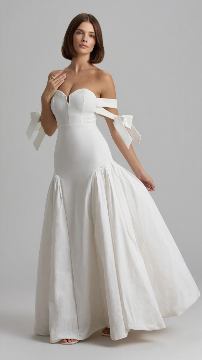 ETHEL | WHITE & CREAM BARDOT MAXI DRESS WITH VOLUME SKIRT
