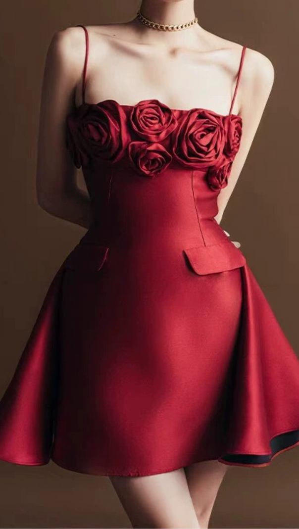 AIIZIE JOSEPHINE 3D FLOWER A-LINE MINI DRESS IN RED - product image