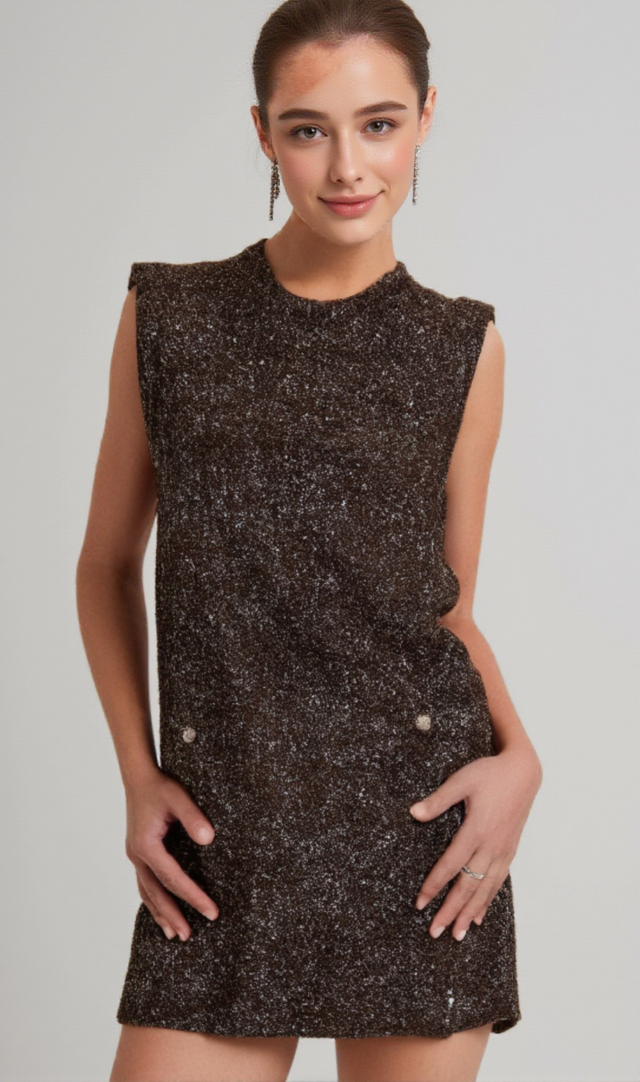 Mini abito in maglia con paillettes color orzo Bianca 