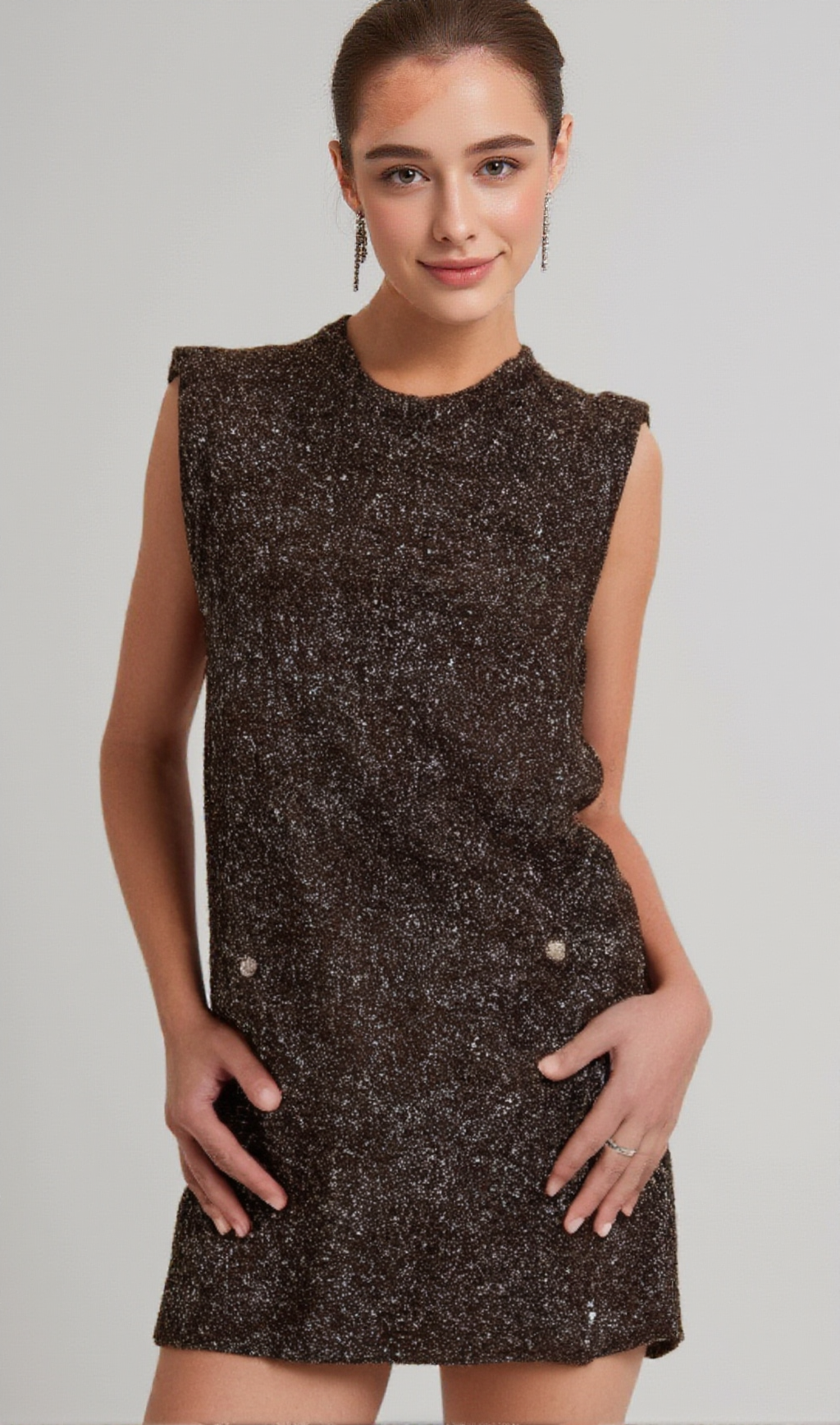BIANCA BARLEY-BROWN SEQUINED KNIT MINI DRESS