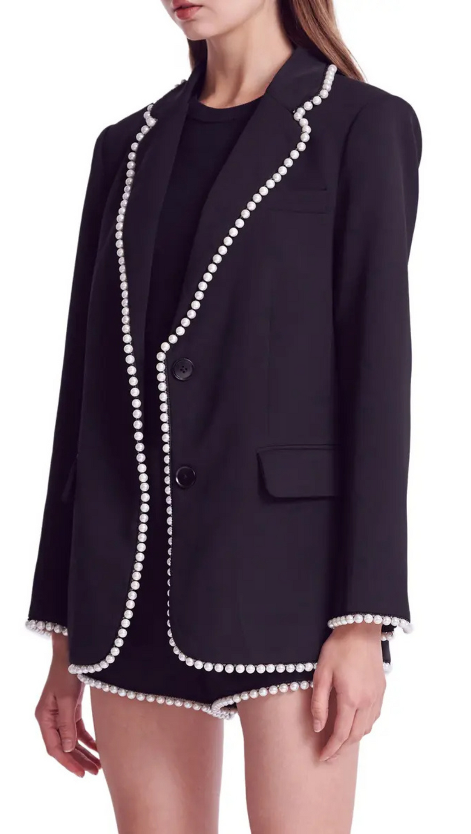 IMITATION PEARL TRIM BLAZER IN BLACK