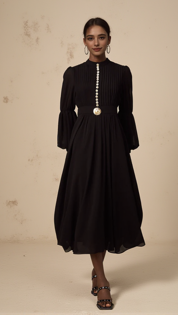 AIIZIE LANTERN SLEEVE SILK MIDI DRESS IN BLACK - product image