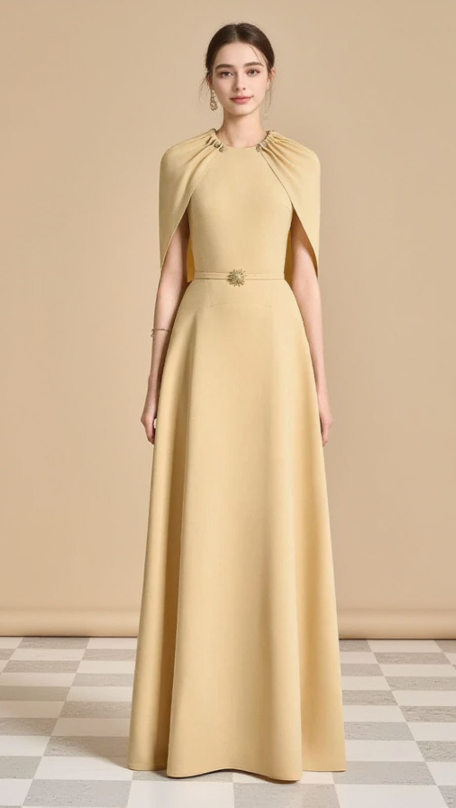 JASMINE A-LINE CAPE SLEEVED MAXI DRESS IN YELLOW BEIGE