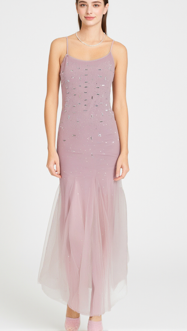 AIIZIE AXELLE PURPLE EMBELLISHED MESH MIDI DRESS - product image