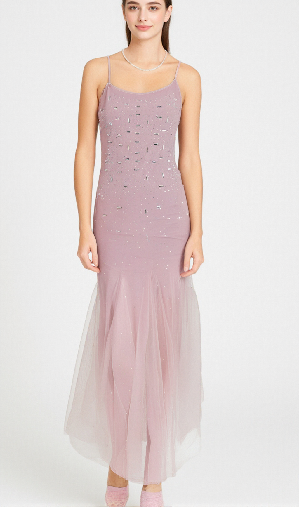 AXELLE PURPLE EMBELLISHED MESH MIDI DRESS