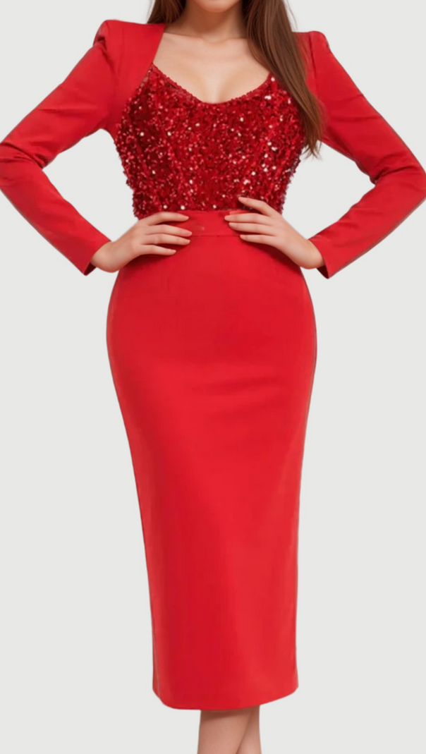 MELISSA LANGÄRMELIGES MIDIKLEID MIT PATCHWORK-PAILLETTEN IN ROT