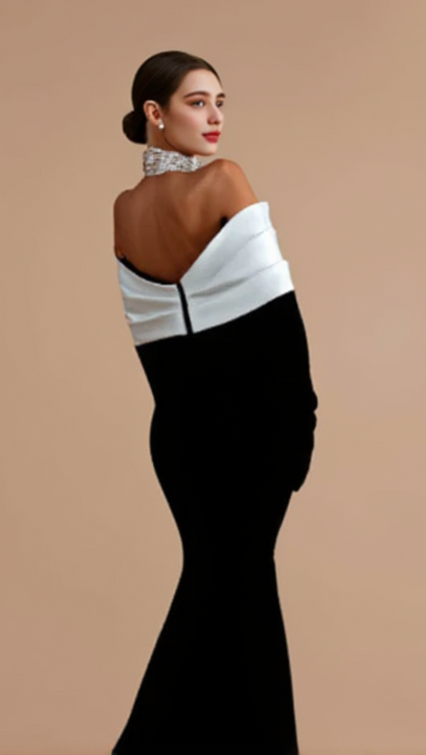 AIIZIE OFF NECK BACKLESS DIAMOND BANDAGE BLACK MAXI DRESS - product image