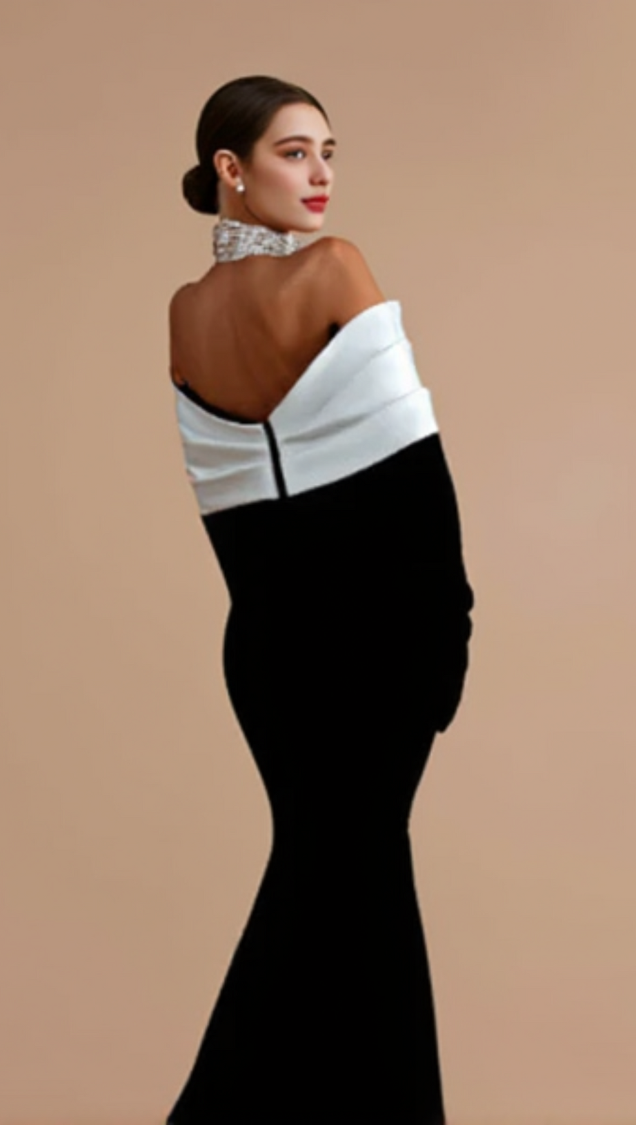 OFF NECK BACKLESS DIAMOND BANDAGE BLACK MAXI DRESS