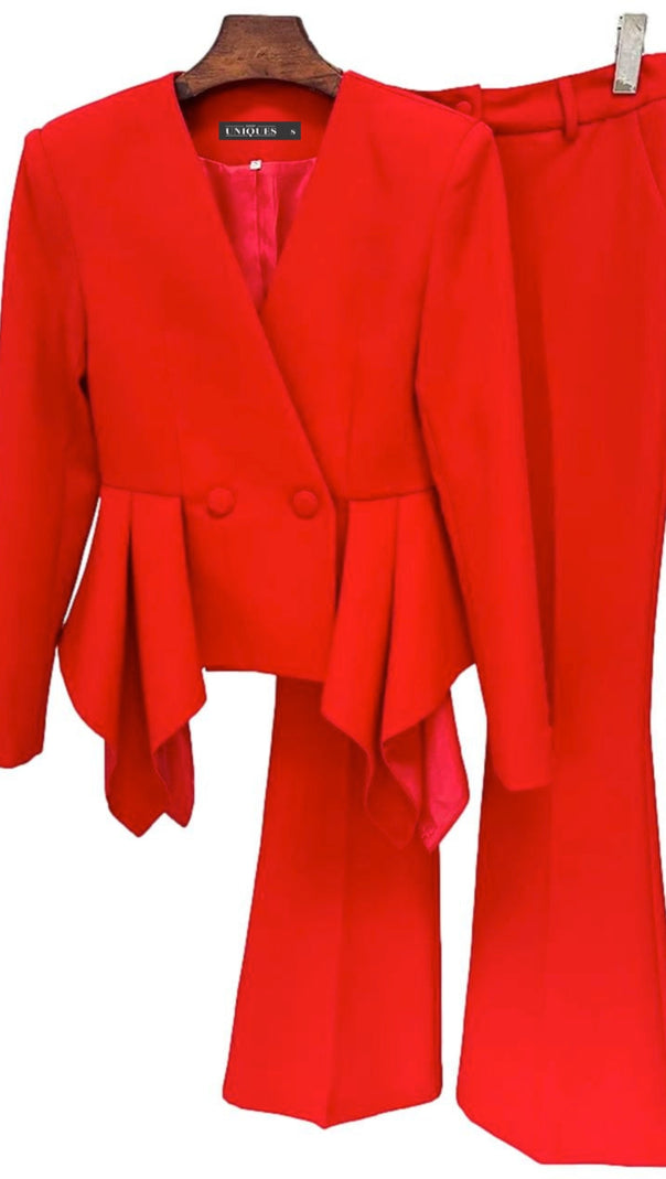 AIIZIE RAYA RUFFLED BLAZER PANTS SET IN RED - product image