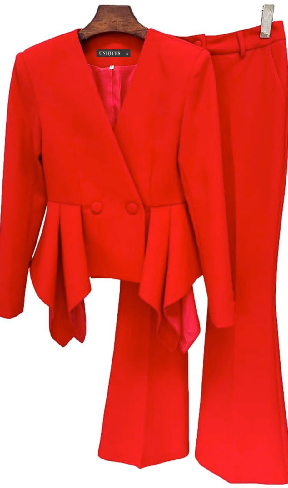 raya ruffled blazer pants set in red