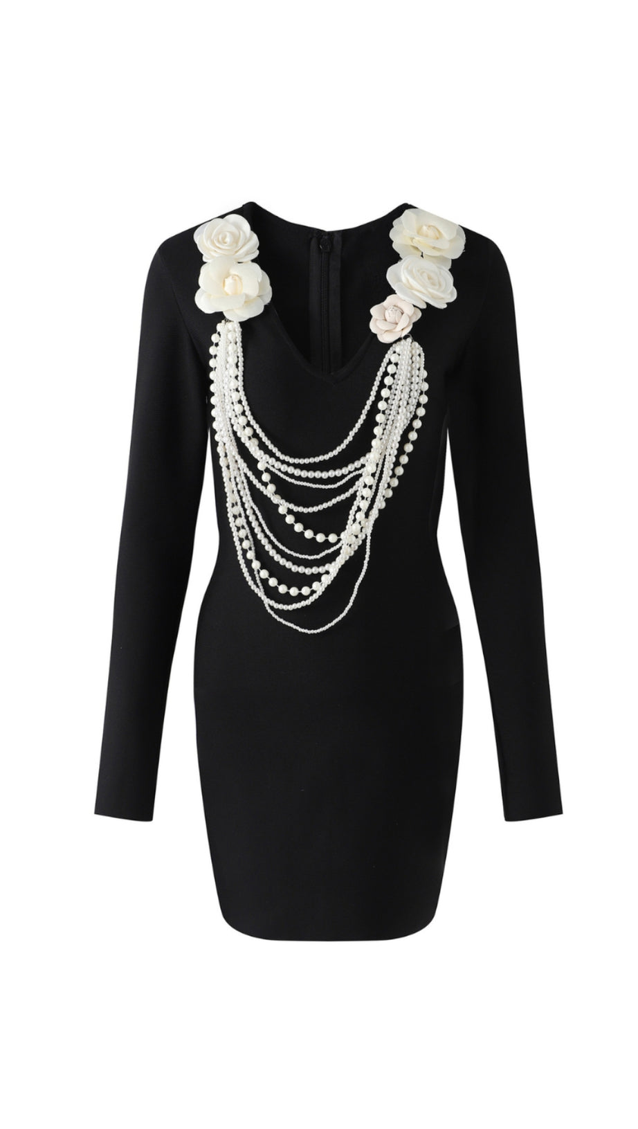 ALISA PEARL FLOWER EMBELLISHED BANDAGE MINI DRESS IN BLACK