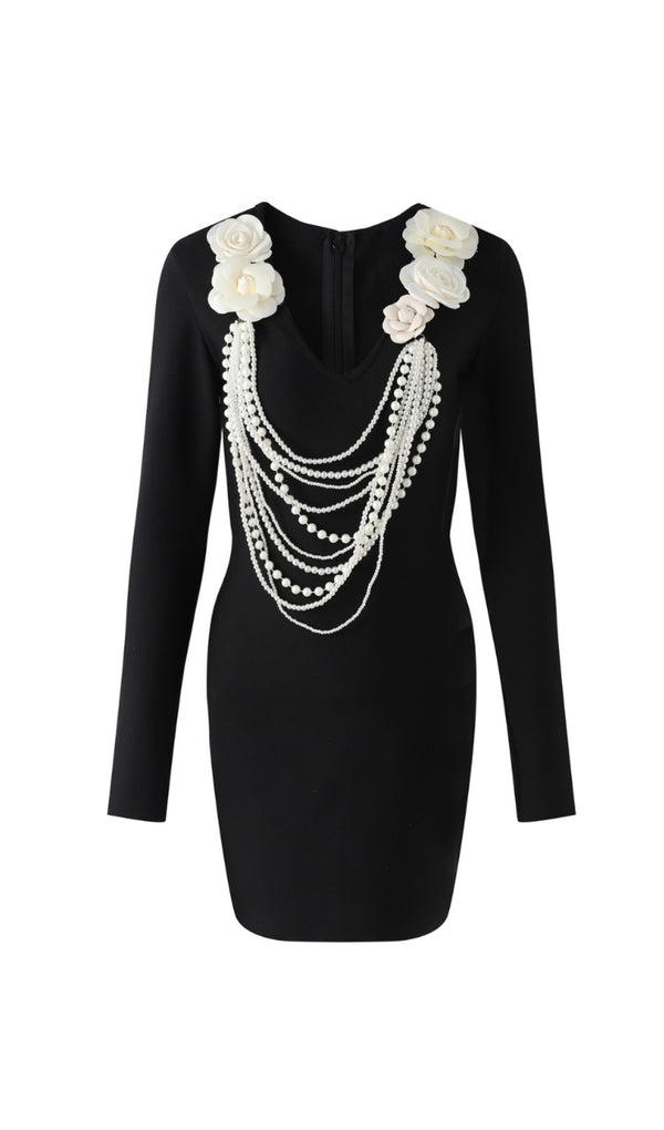 alisa pearl flower embellished bandage mini dress in black
