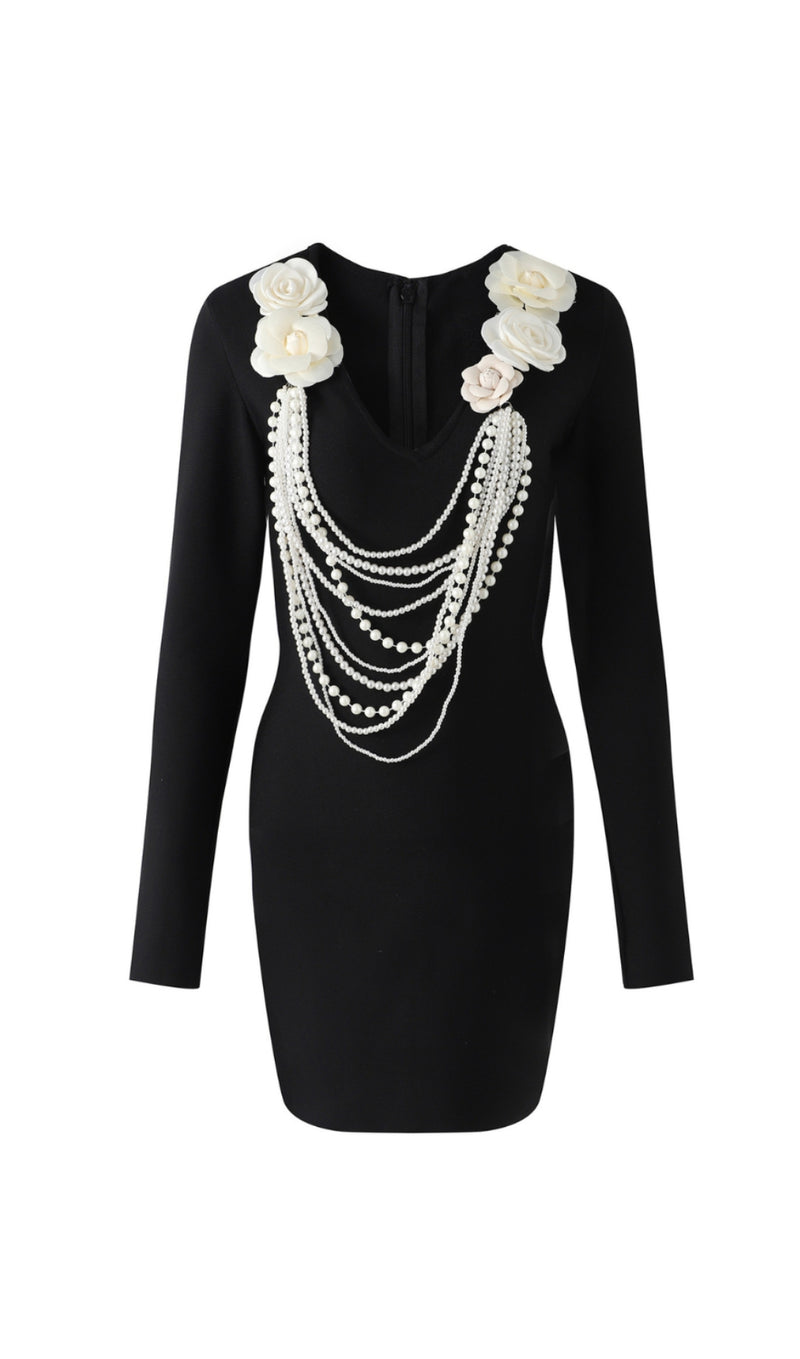 alisa pearl flower embellished bandage mini dress in black