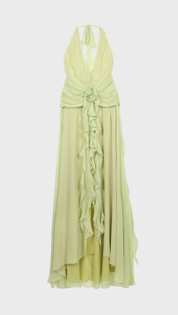 AIIZIE AONAVER FLORAL RUFFLE HALTER MAXI DRESS IN GREEN - product image