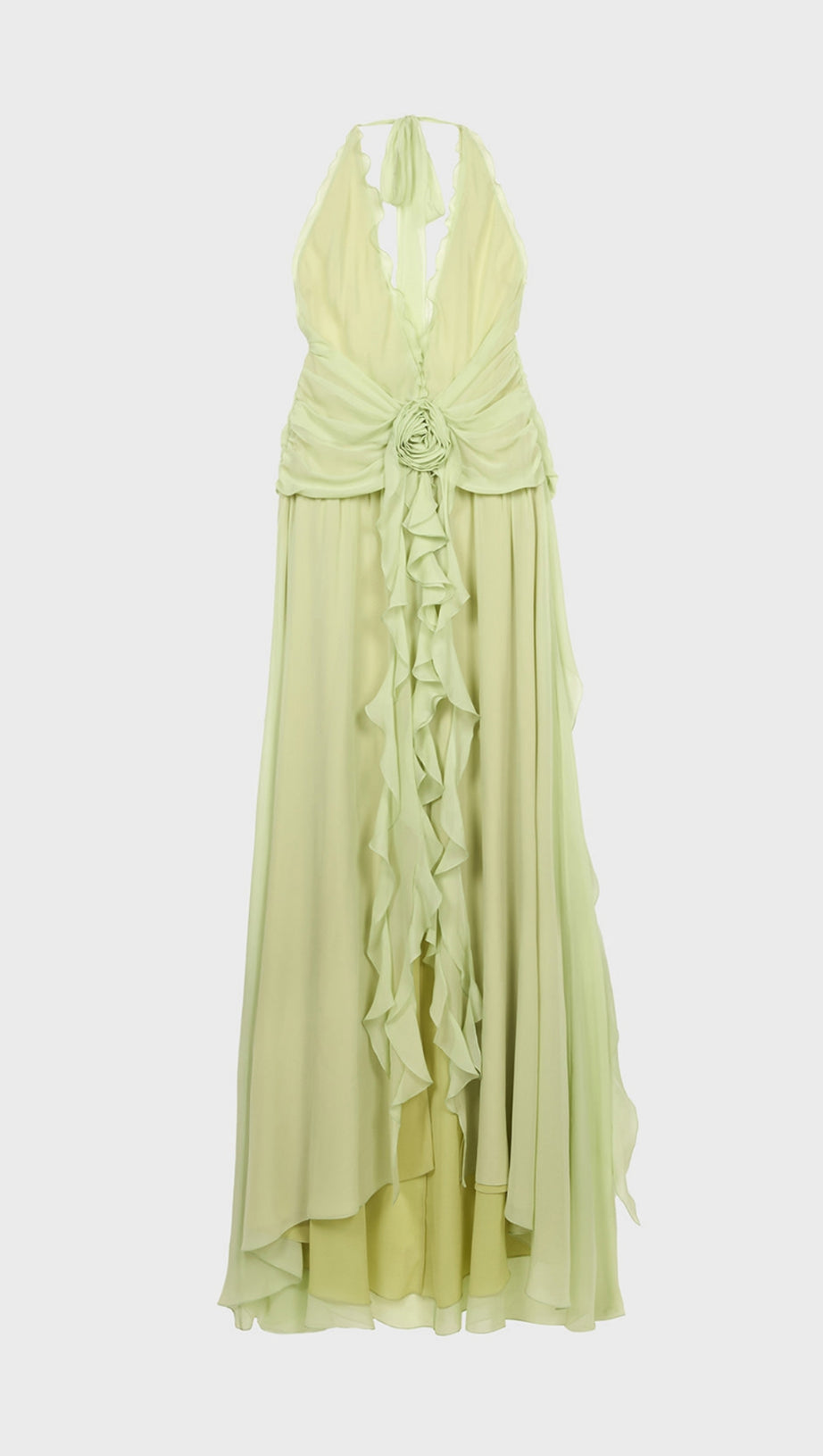 AONAVER FLORAL RUFFLE HALTER MAXI DRESS IN GREEN