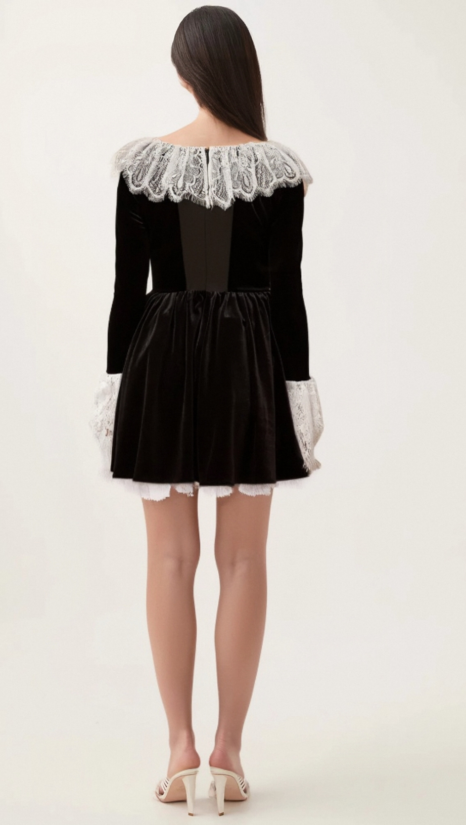 FABIANA BLACK LACE-TRIMMED VELVET MINI DRESS