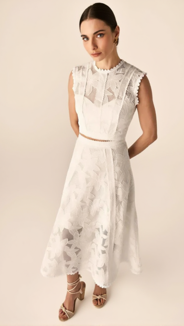AIIZIE GUIPURE MESH MIDI SKIRT CROP TOP SET IN WHITE - product image