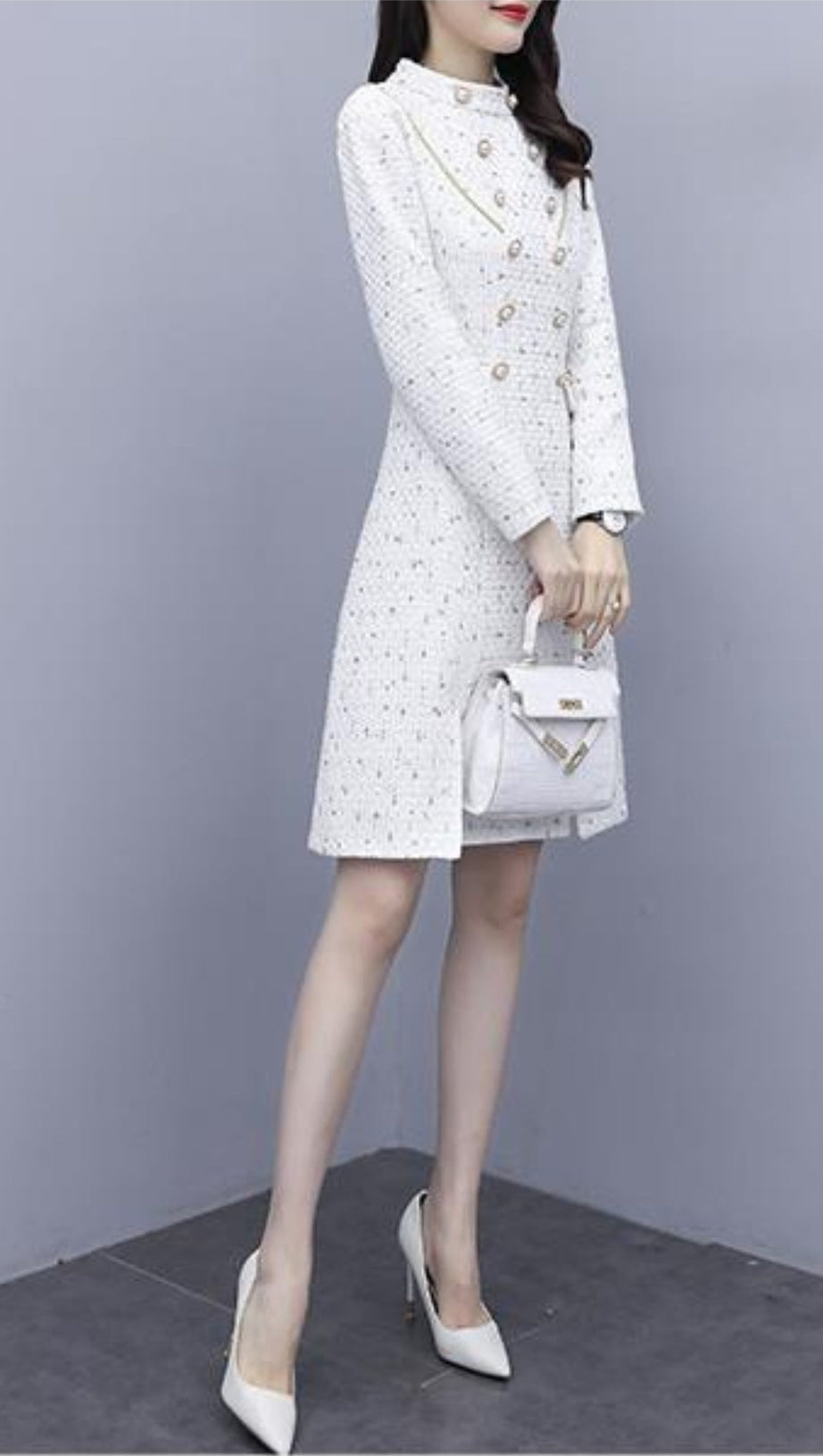 WOOLEN A-LINE MIDI DRESS IN WHITE