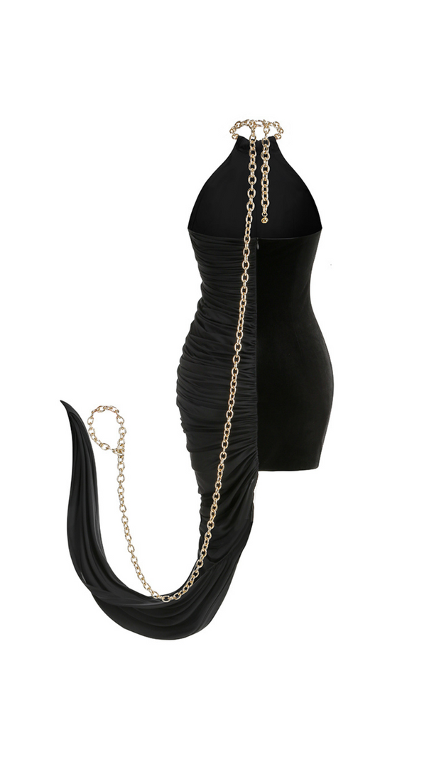 AIIZIE ADITI METALLIC HALTER RUCHED BLACK BODYCON MINI DRESS - product image