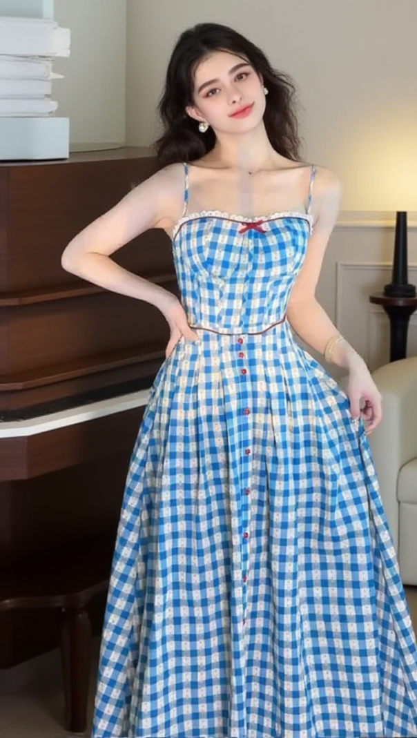 AIIZIE VIRGINIA PLAID STRAP MAXI DRESS IN BLUE - product image