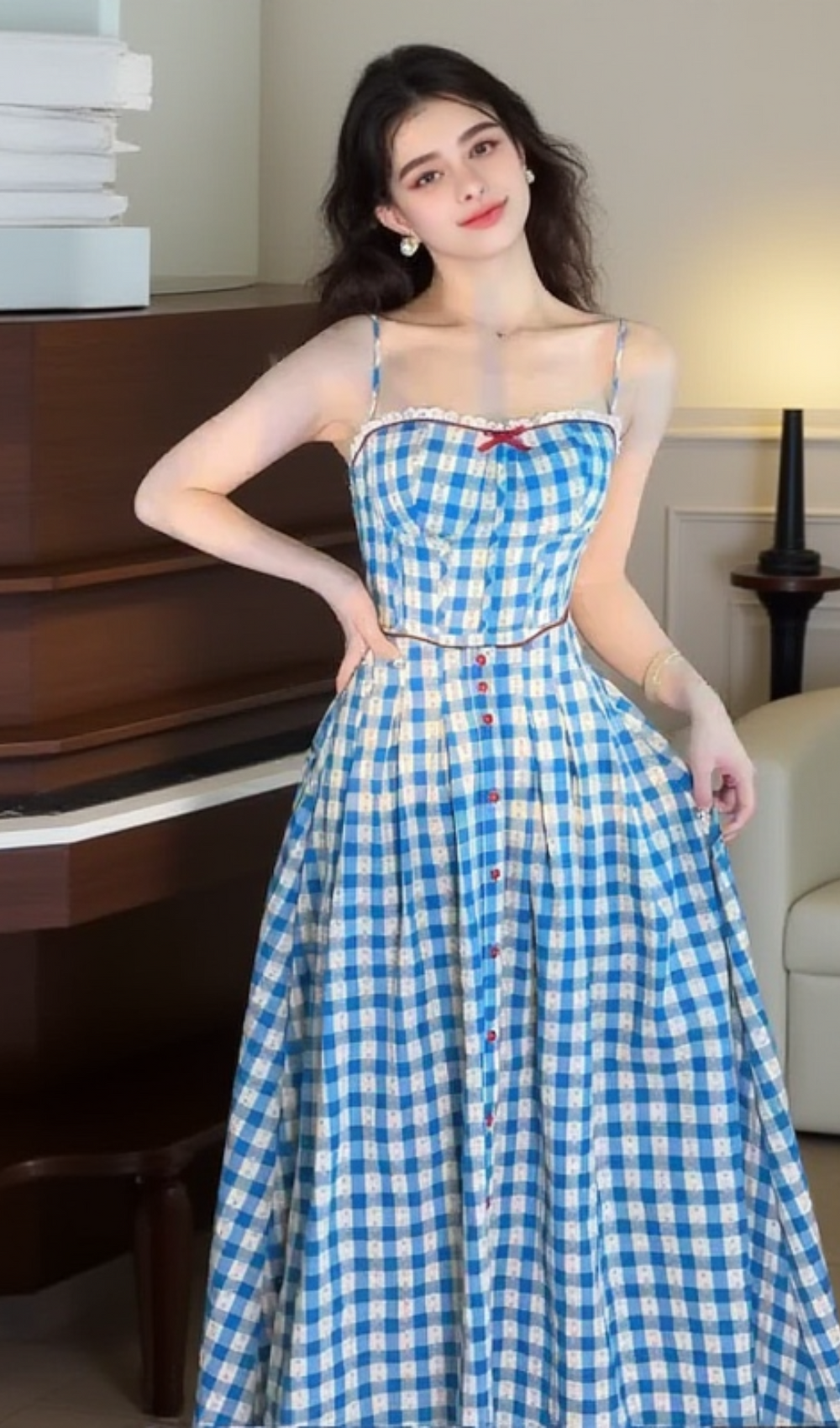 VIRGINIA PLAID STRAP MAXI DRESS IN BLUE