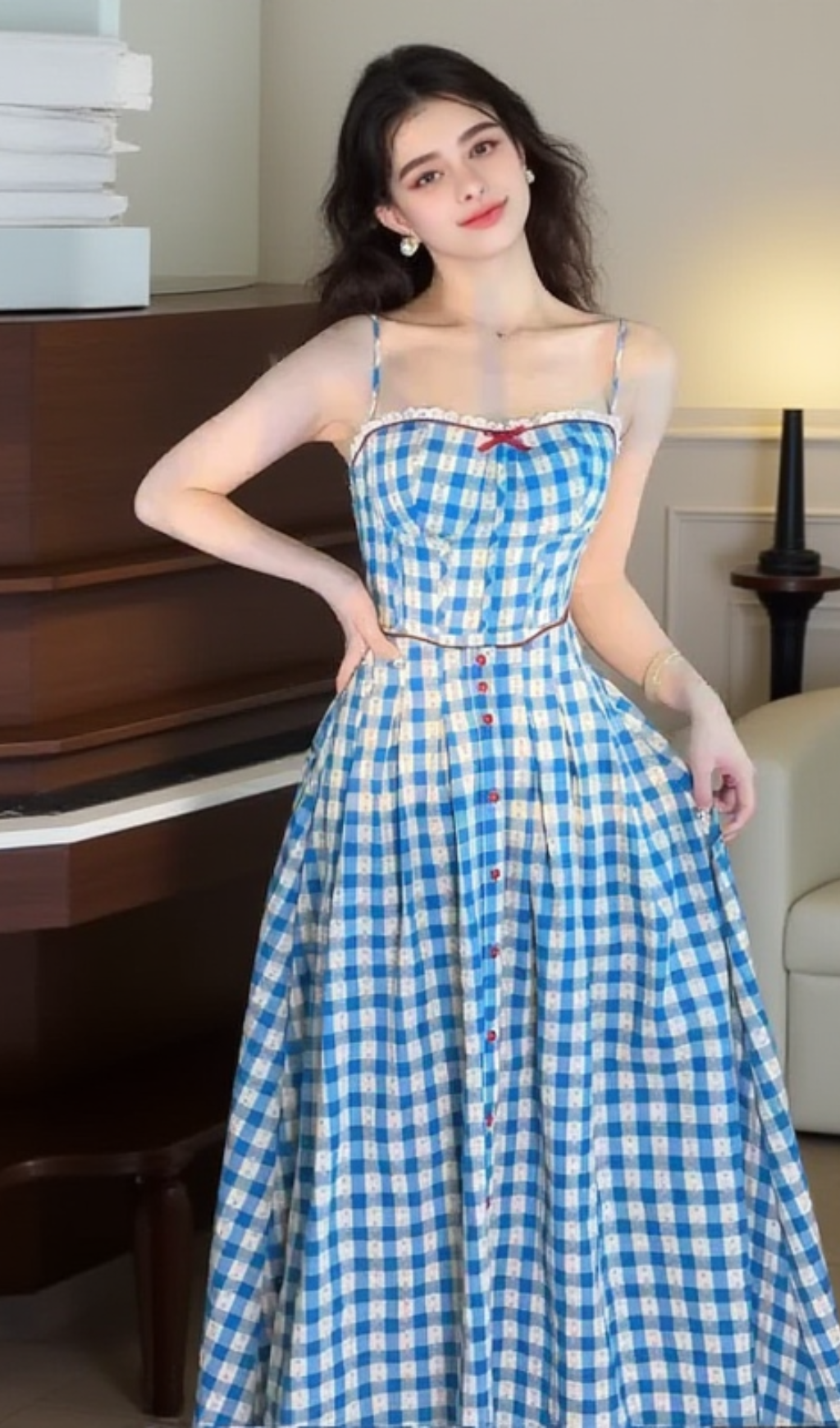 VIRGINIA PLAID STRAP MAXI DRESS IN BLUE