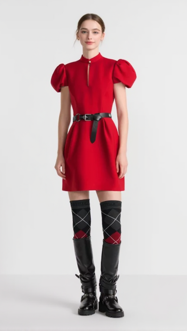 AIIZIE PUFF SLEEVE PLEATED MINI DRESS IN RED (WITHOUT BLACK BELT) - product image