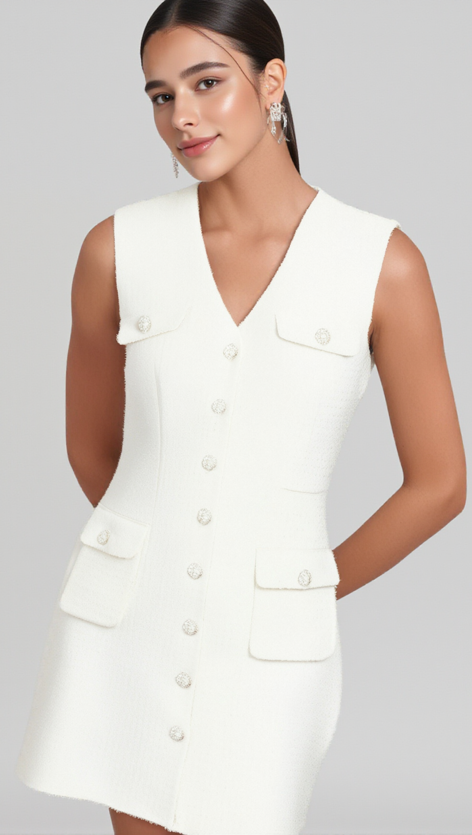 MINI ABITO IN MAGLIA CON BOTTONI DI PERLA BOUCLÉ BIANCO