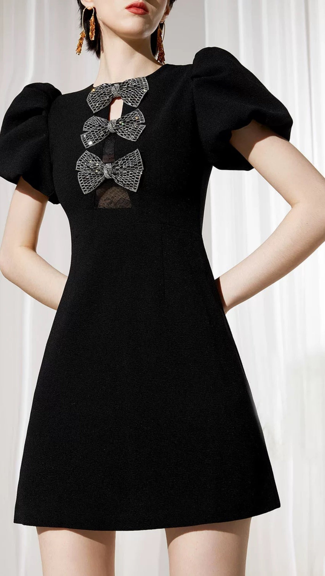 VANESSA BOW PUFF SLEEVE MINI DRESS IN BLACK